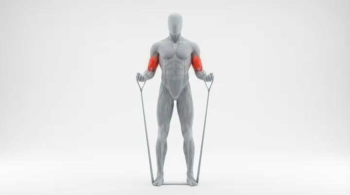 Band Curl: the movement, targeting the Biceps, using Band.