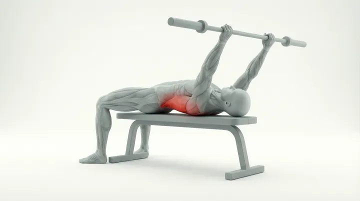 Barbell Pullover: the movement, targeting the Lats, using Barbell.