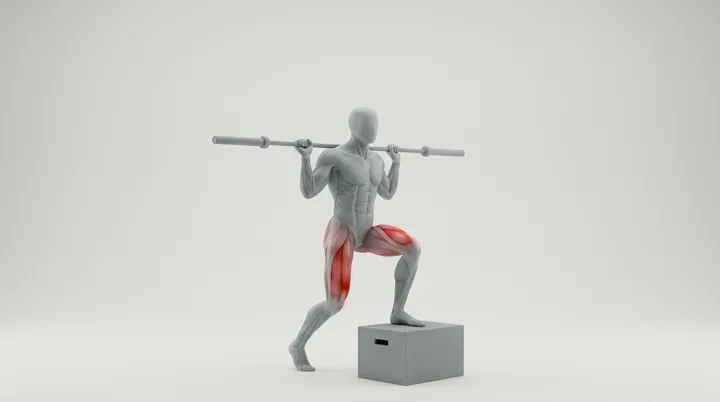 Barbell Step Up Knee Drive: the movement, targeting the Quads, using Barbell.