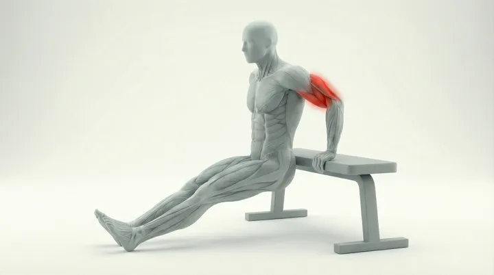Bench Dips: the movement, targeting the Triceps, using Bodyweight.