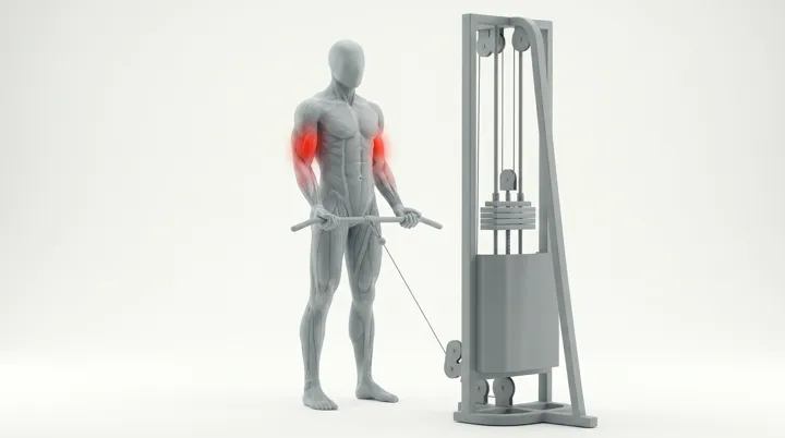 Cable Bar Curl: the movement, targeting the Biceps, using Cable.