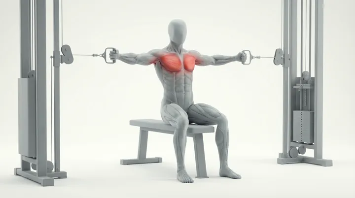 Cable Bench Chest Fly: the movement, targeting the Mid chest, using Cable.