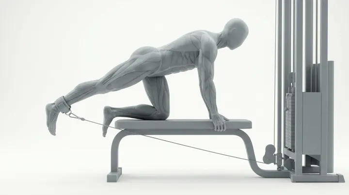 Cable Bench Straight Leg Kickback: the movement, targeting the Glutes, using Cable.