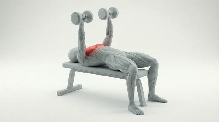 Dumbbell Bench Press: the movement, targeting the Mid chest, using Dumbbell.