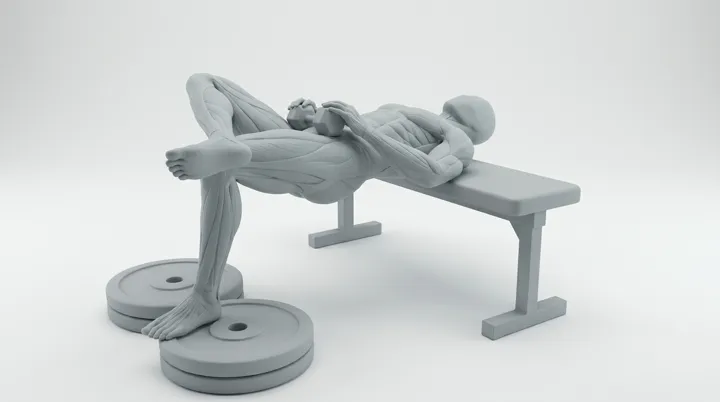 Dumbbell Figure Four Heels Elevated Hip Thrust: the movement, targeting the Glutes, using Dumbbell.