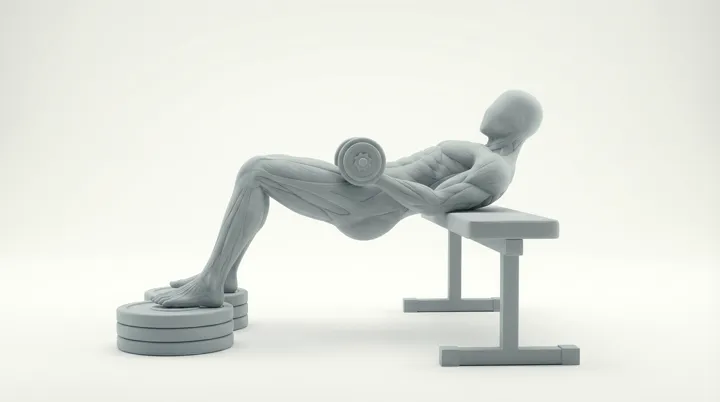 Dumbbell Heels Elevated Hip Thrust: the movement, targeting the Glutes, using Dumbbell.