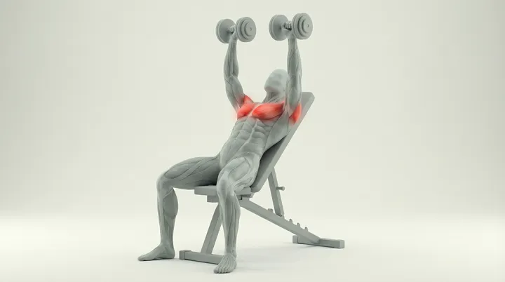 Dumbbell Incline Bench Press: the movement, targeting the Upper chest, using Dumbbell.