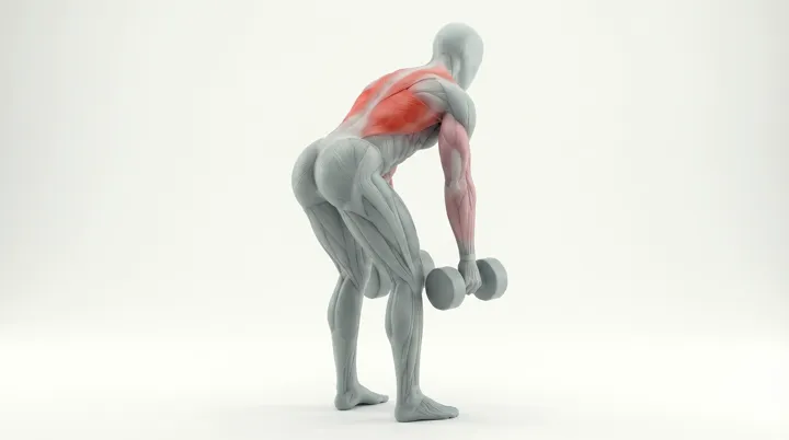 Dumbbell Row Bilateral: the movement, targeting the Upper back, using Dumbbell.