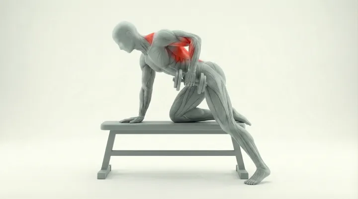 Dumbbell Row Unilateral: the movement, targeting the Upper back, using Dumbbell.