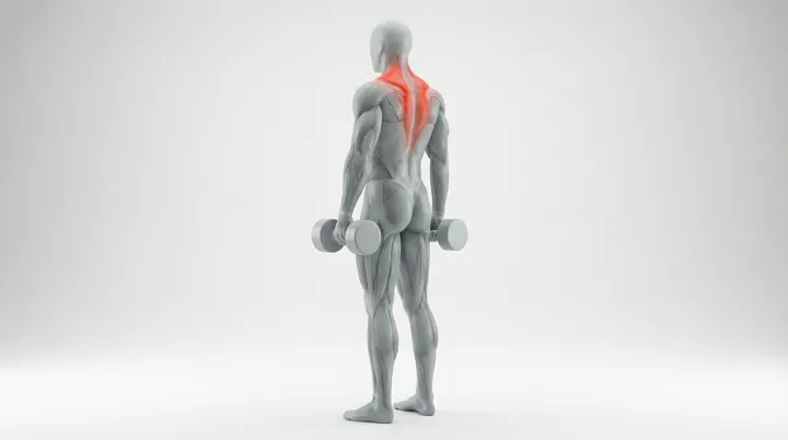 Dumbbell Shrug: the movement, targeting the Upper back, using Dumbbell.