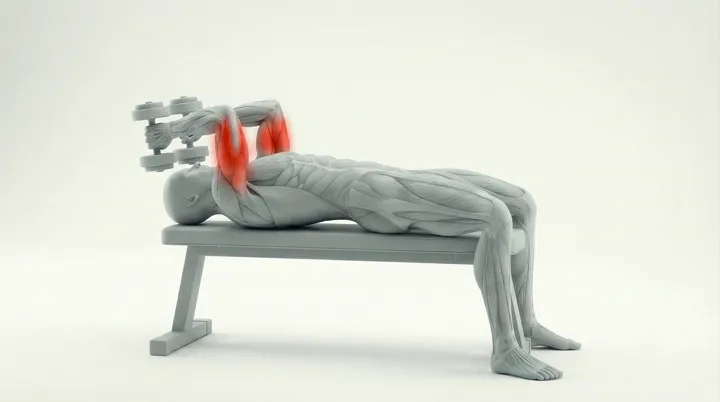 Dumbbell Skullcrusher: the movement, targeting the Triceps, using Dumbbell.