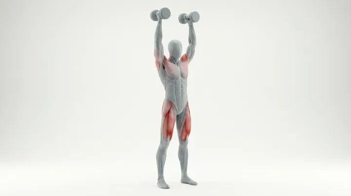Dumbbell Thruster: the movement, targeting the Glutes, using Dumbbell.