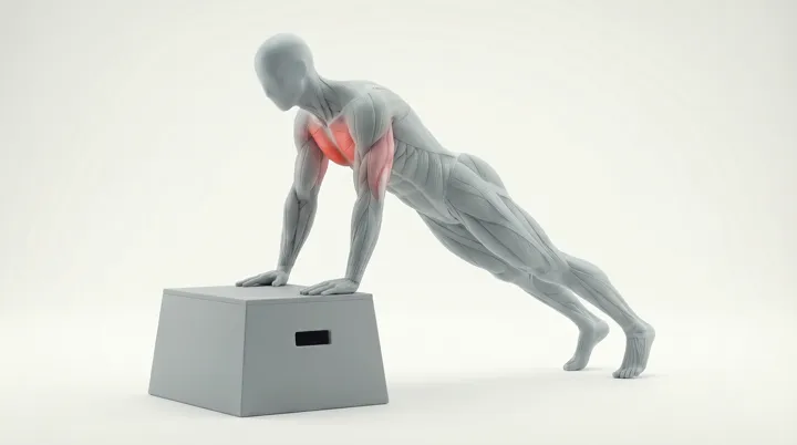 Incline Push Up: the movement, targeting the Upper chest, using Bodyweight.
