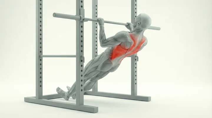 Inverted Row: the movement, targeting the Upper back, using Bodyweight.