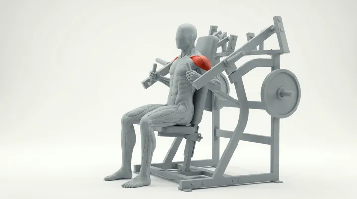 Machine Plate Loaded Front Military Press: the movement, targeting the Front delts, using Machine.