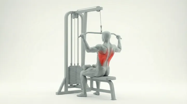 Machine Pulldown: the movement, targeting the Lats, using Machine.