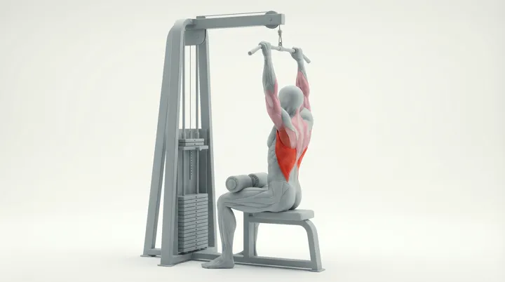Narrow Pulldown: the movement, targeting the Lats, using Machine.