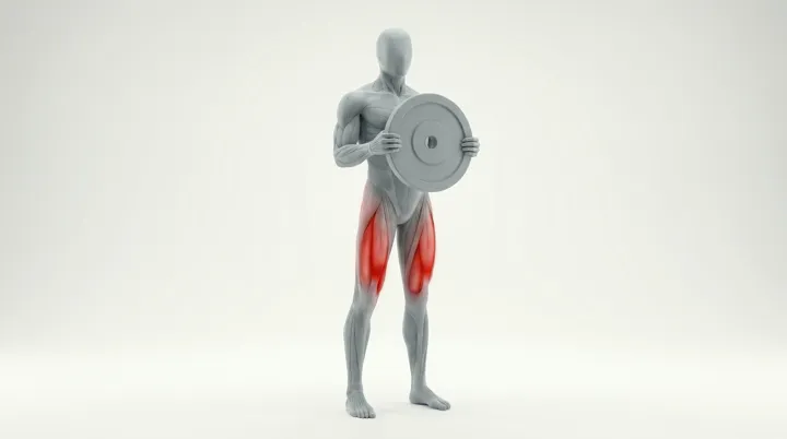 Plate Forward Lunge: the movement, targeting the Quads, using Barbell.