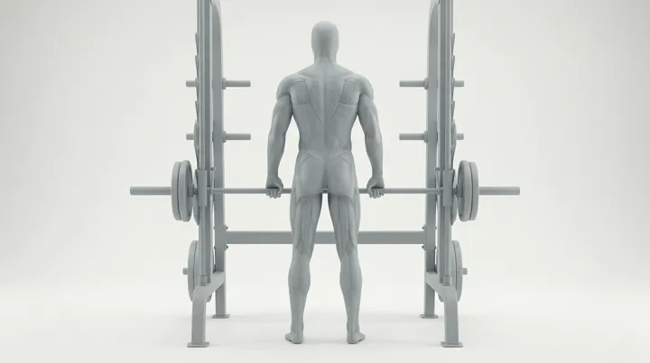 Smith Machine Standing Shrugs: the movement, targeting the Upper back, using Machine.