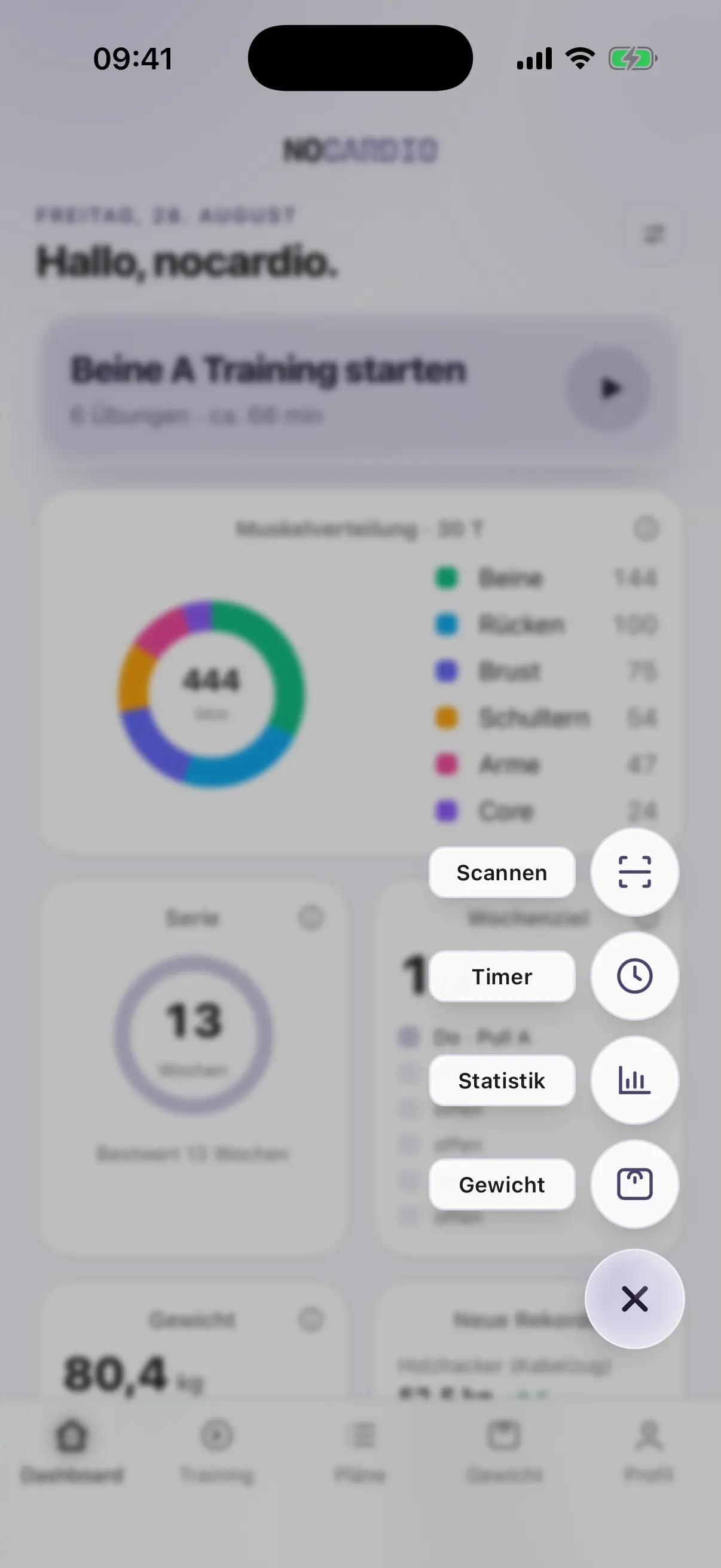 Dashboard von nocardio mit aufgeklapptem Plus-Knopf: Scannen, Timer, Statistik, Gewicht