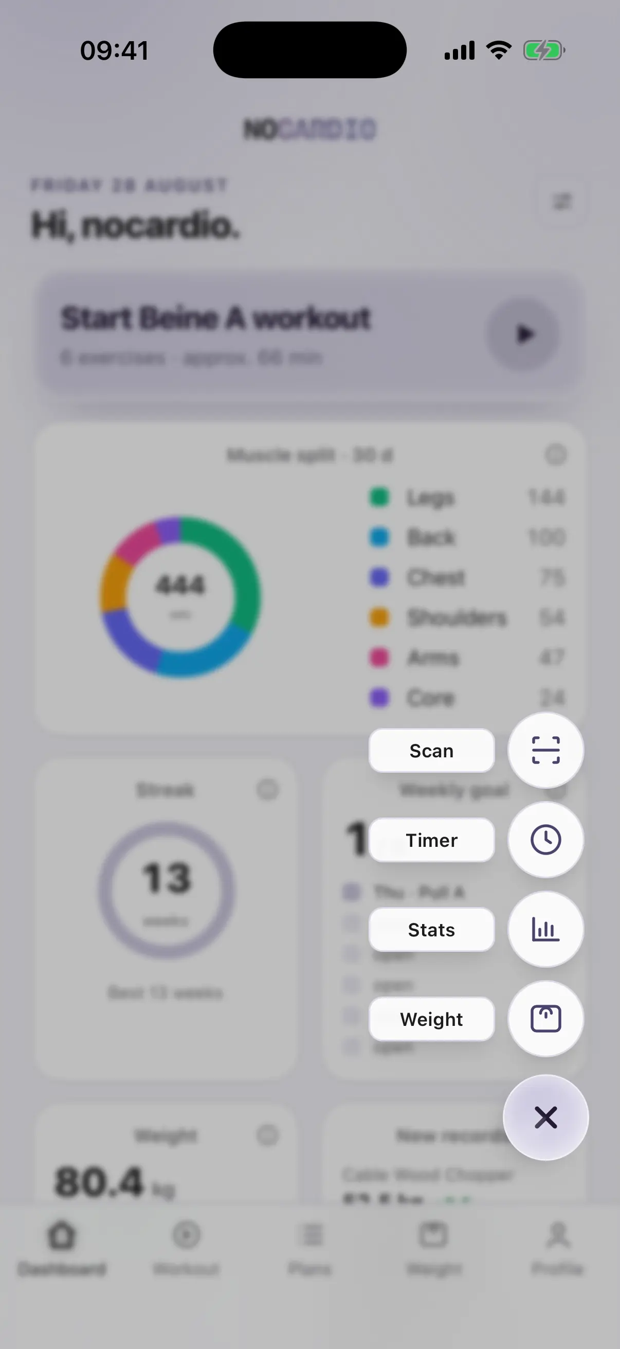 nocardio dashboard with the plus button expanded: scan, timer, statistics, weight