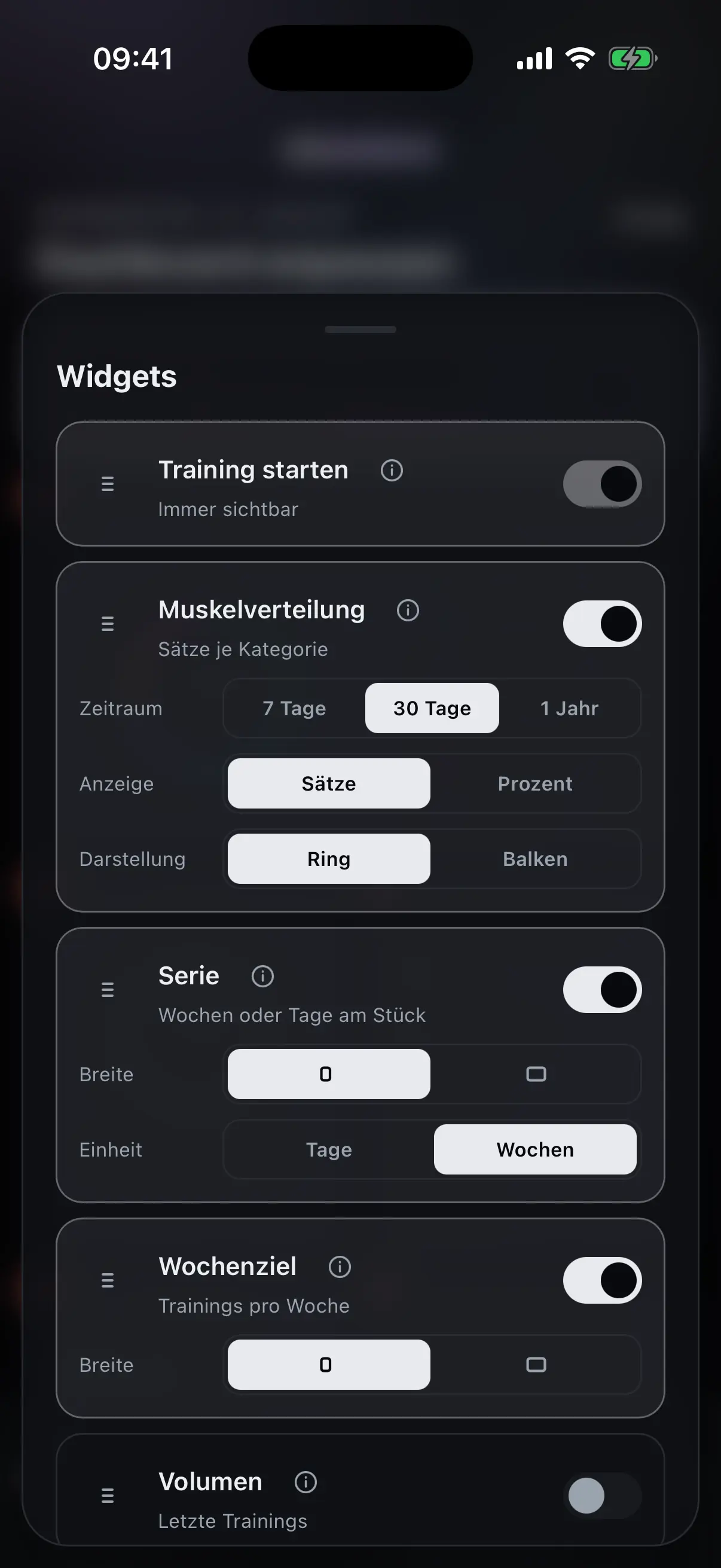 Widget-Menü von nocardio mit Griff, Schaltern und Info-Knopf