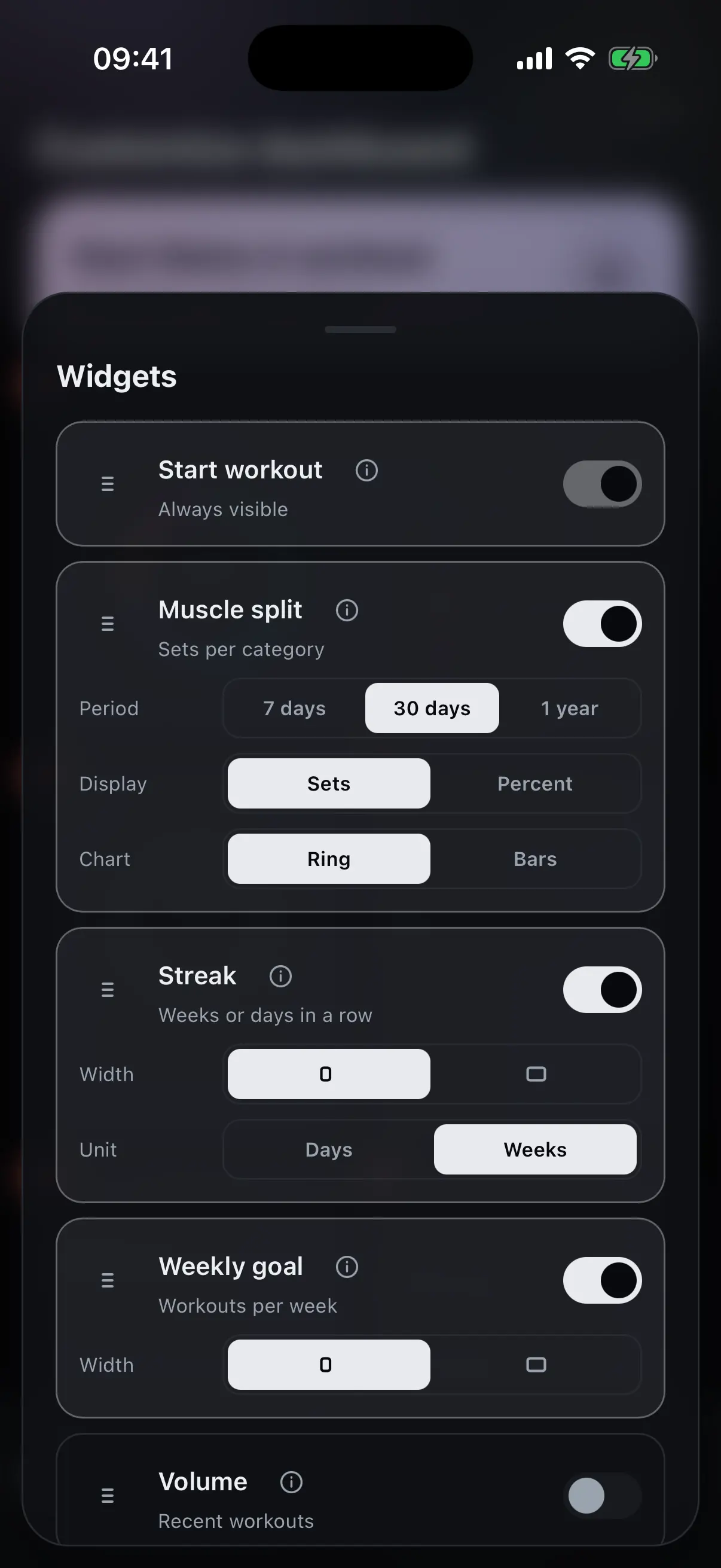 nocardio widget menu with handle, switches and info button