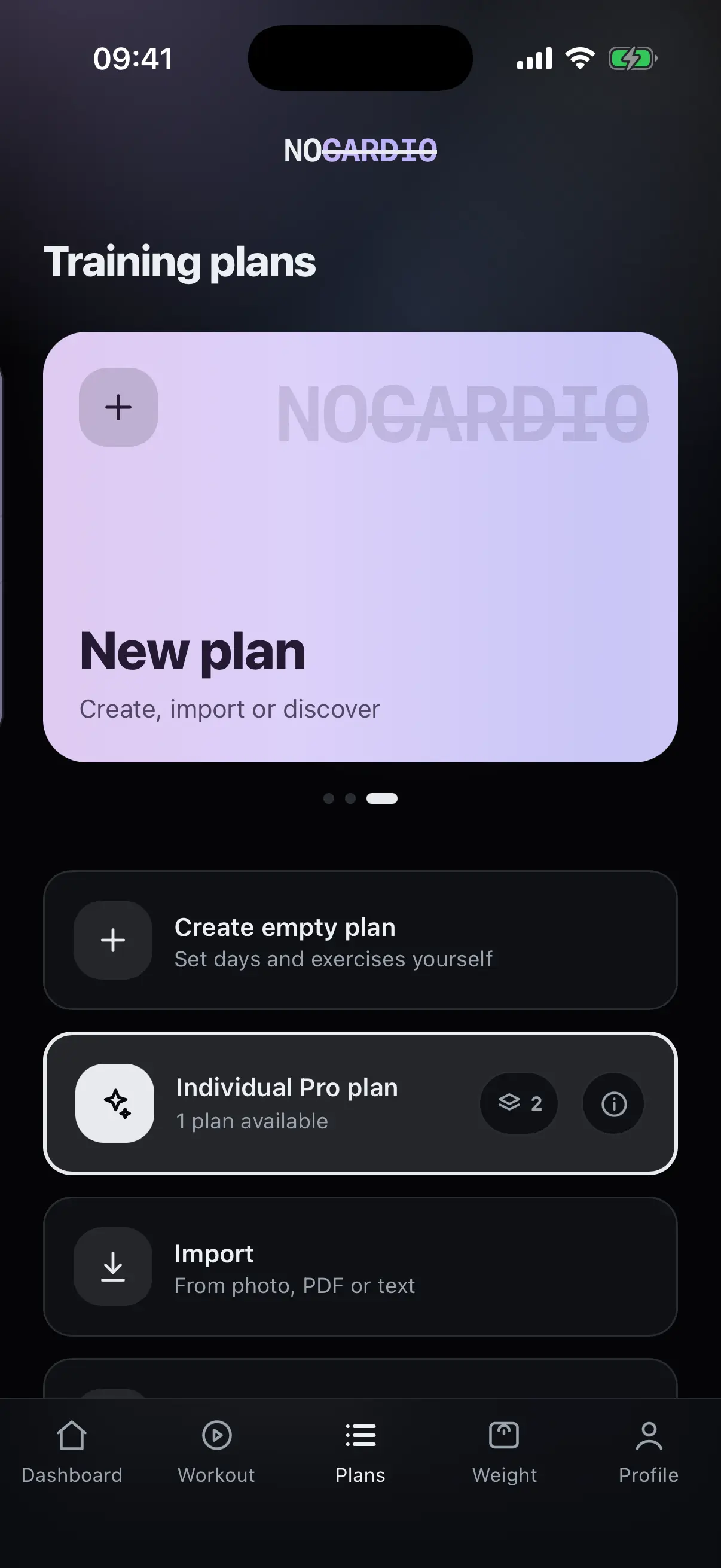 New plan with the routes empty plan, Pro plan and import