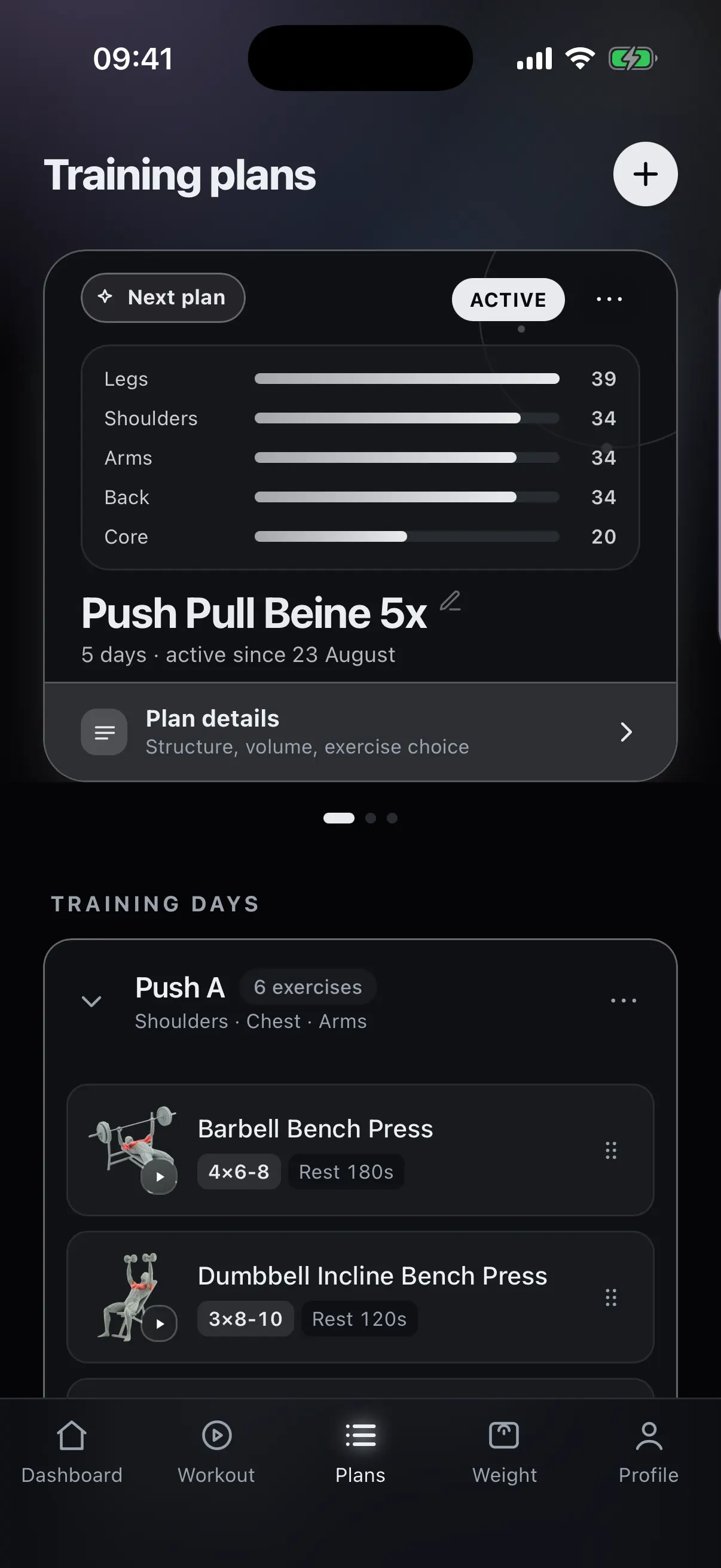Opened training day with exercises, sets, reps and rest times