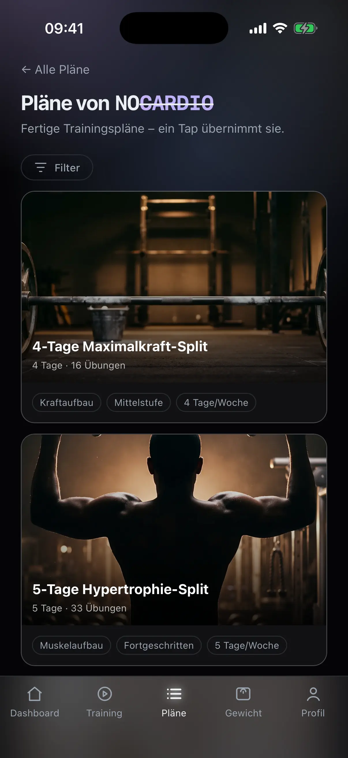 Fertige Trainingsplan-Vorlagen von nocardio mit Filter und Kennzeichnung