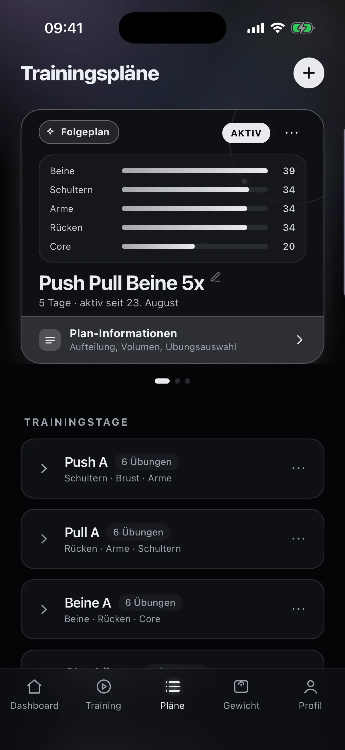 Planübersicht von nocardio mit aktivem Plan und der Liste der Trainingstage