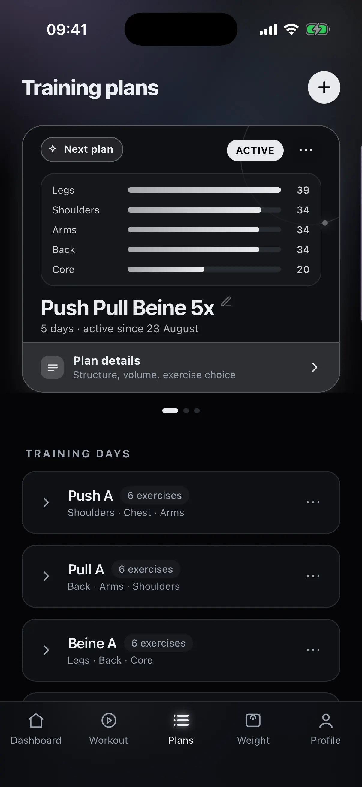 nocardio plan overview with the active plan and the list of training days
