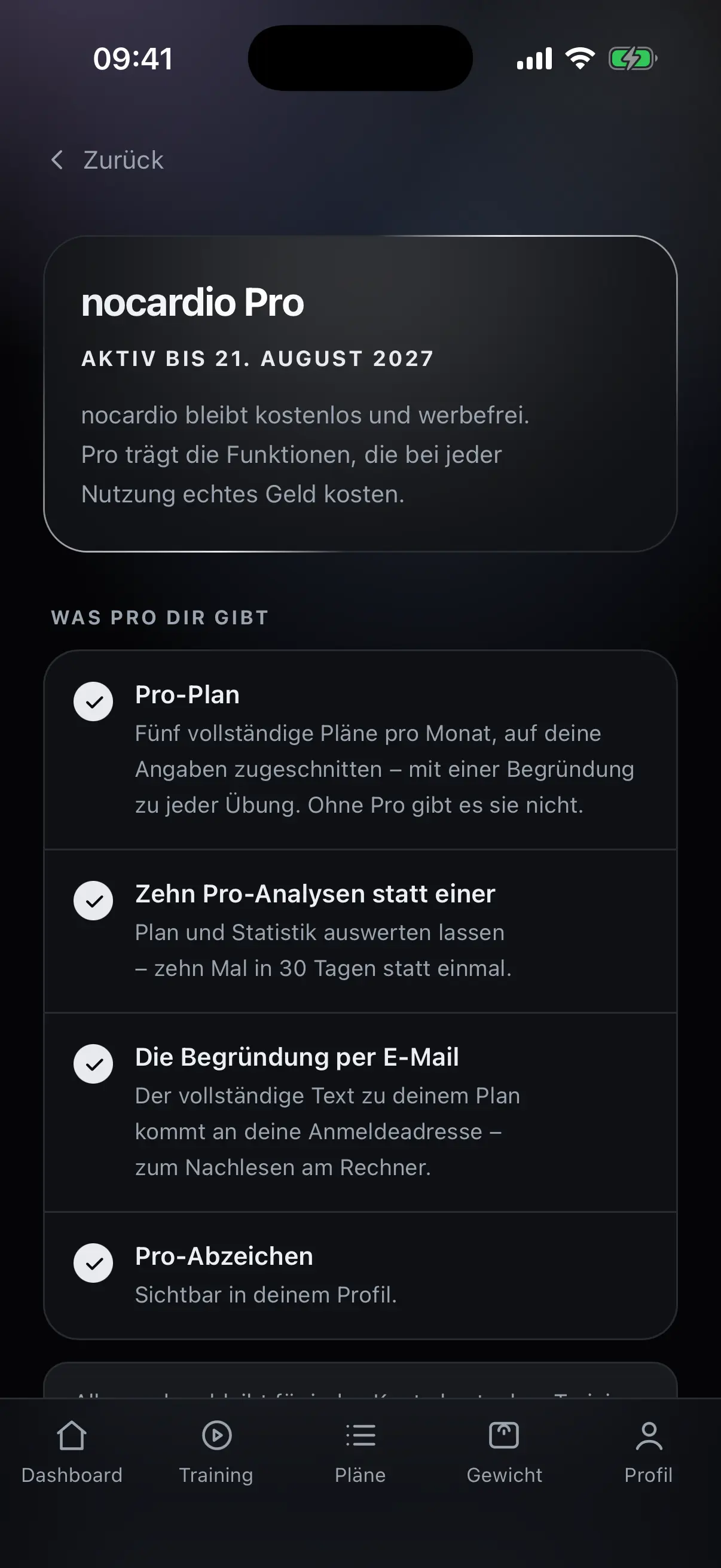 Pro-Bereich von nocardio mit der Liste der Pro-Funktionen