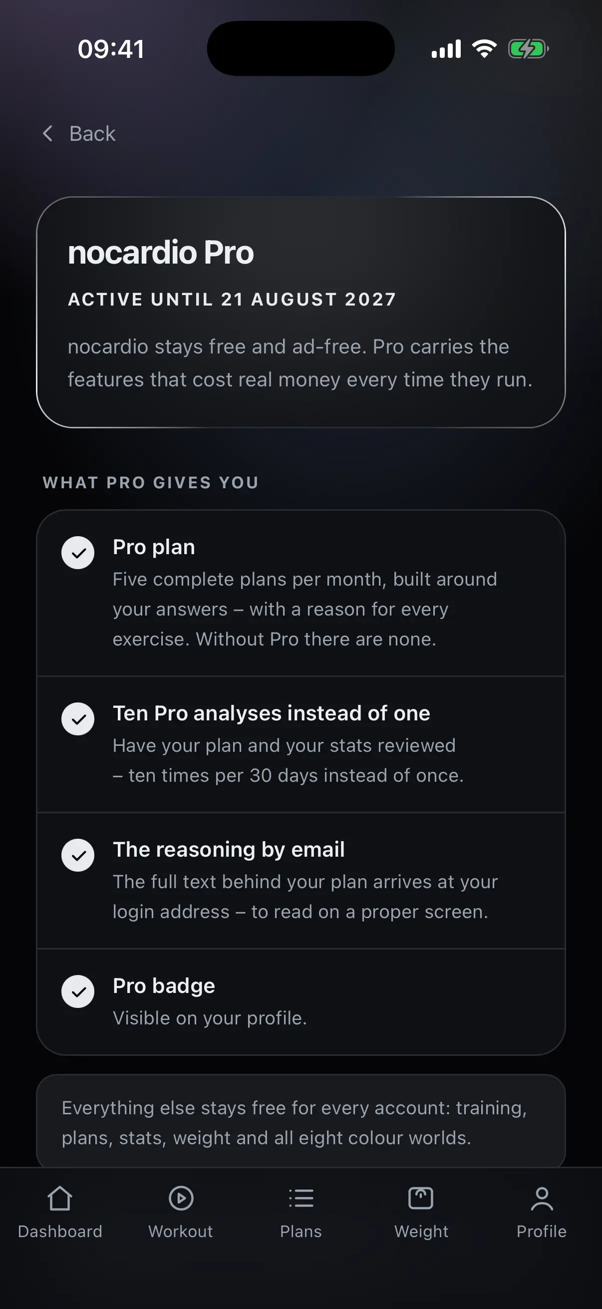 nocardio Pro area with the list of Pro features