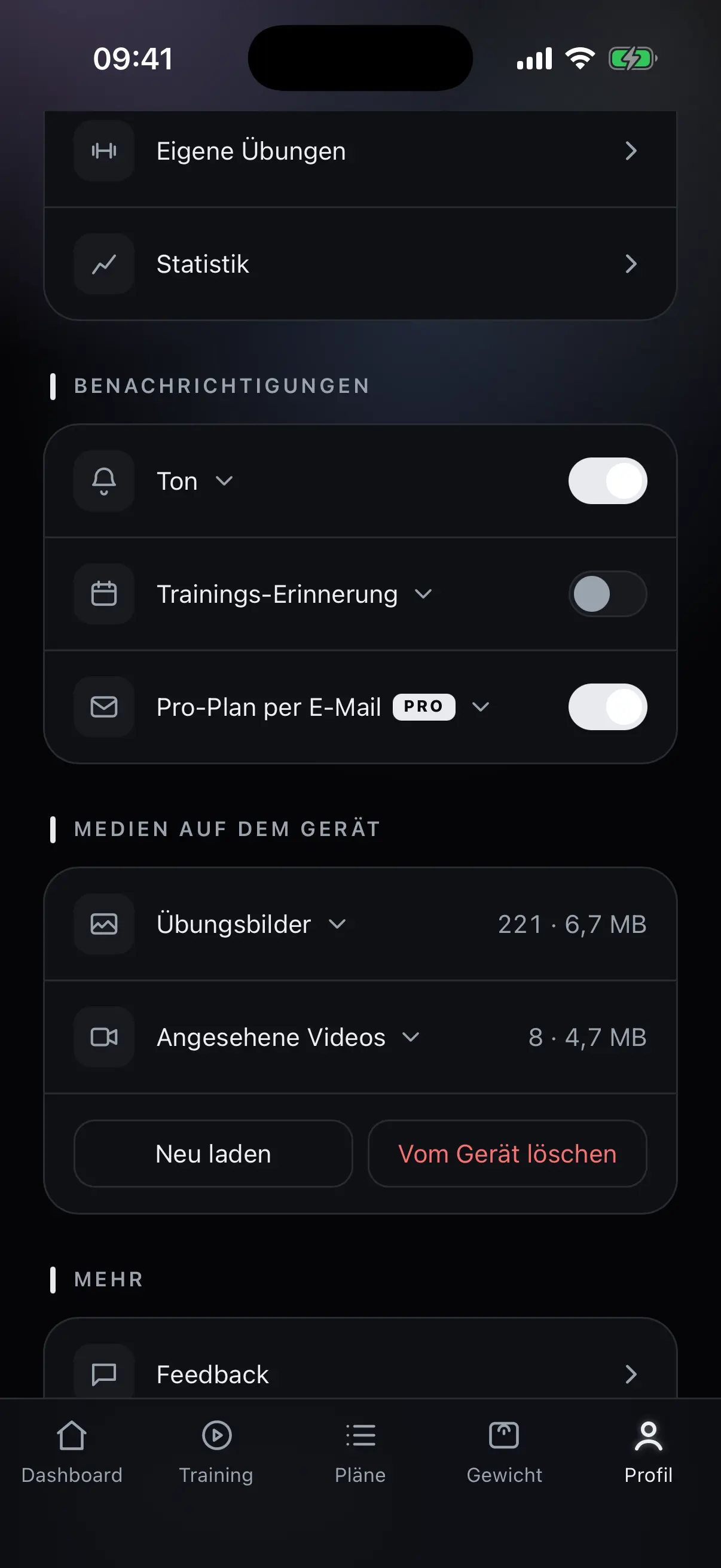Benachrichtigungen und Medien auf dem Gerät im Profil
