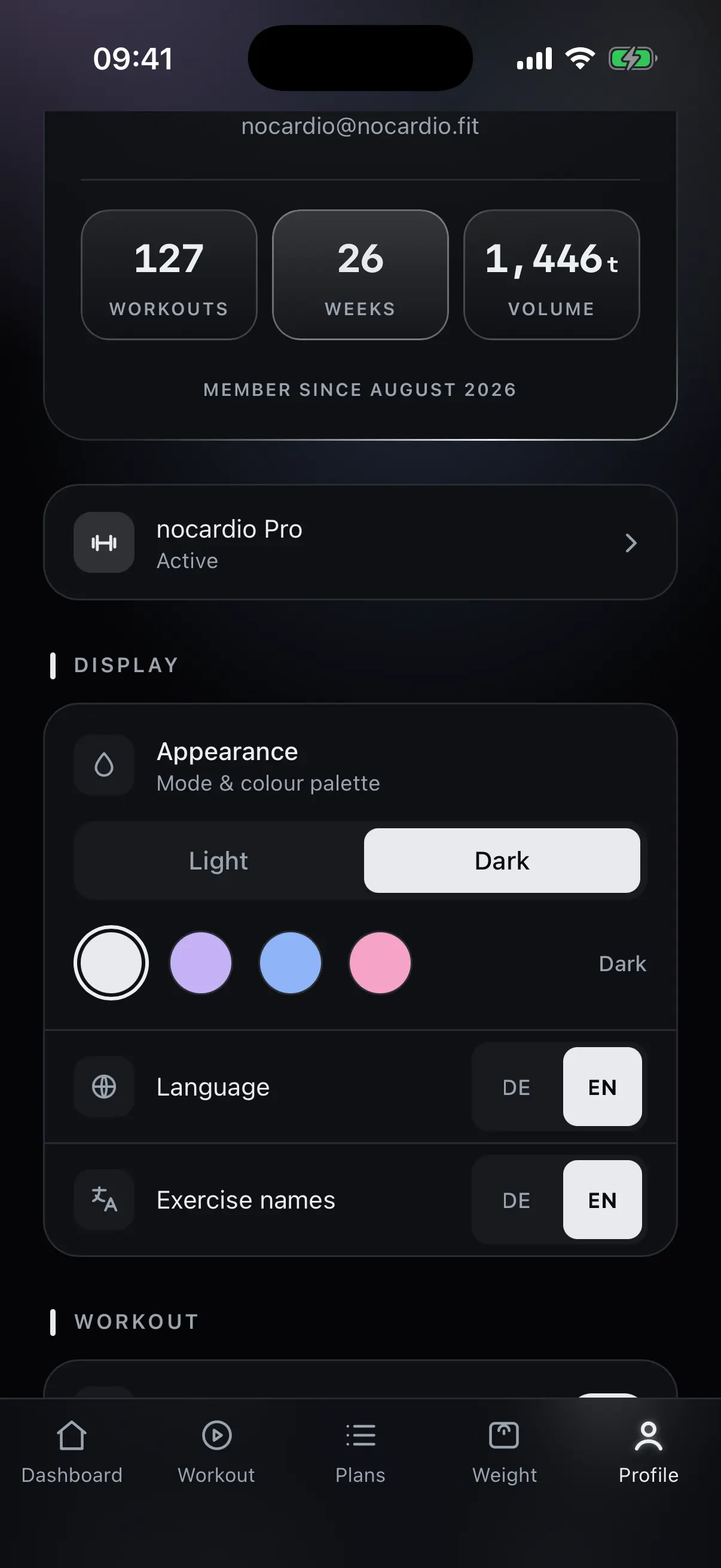 Appearance and language in the profile with light-dark toggle and colour palettes