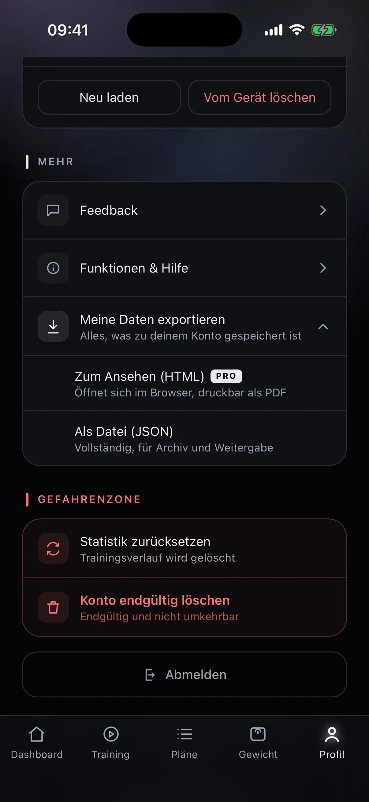 Datenexport und Gefahrenzone im Profil von nocardio