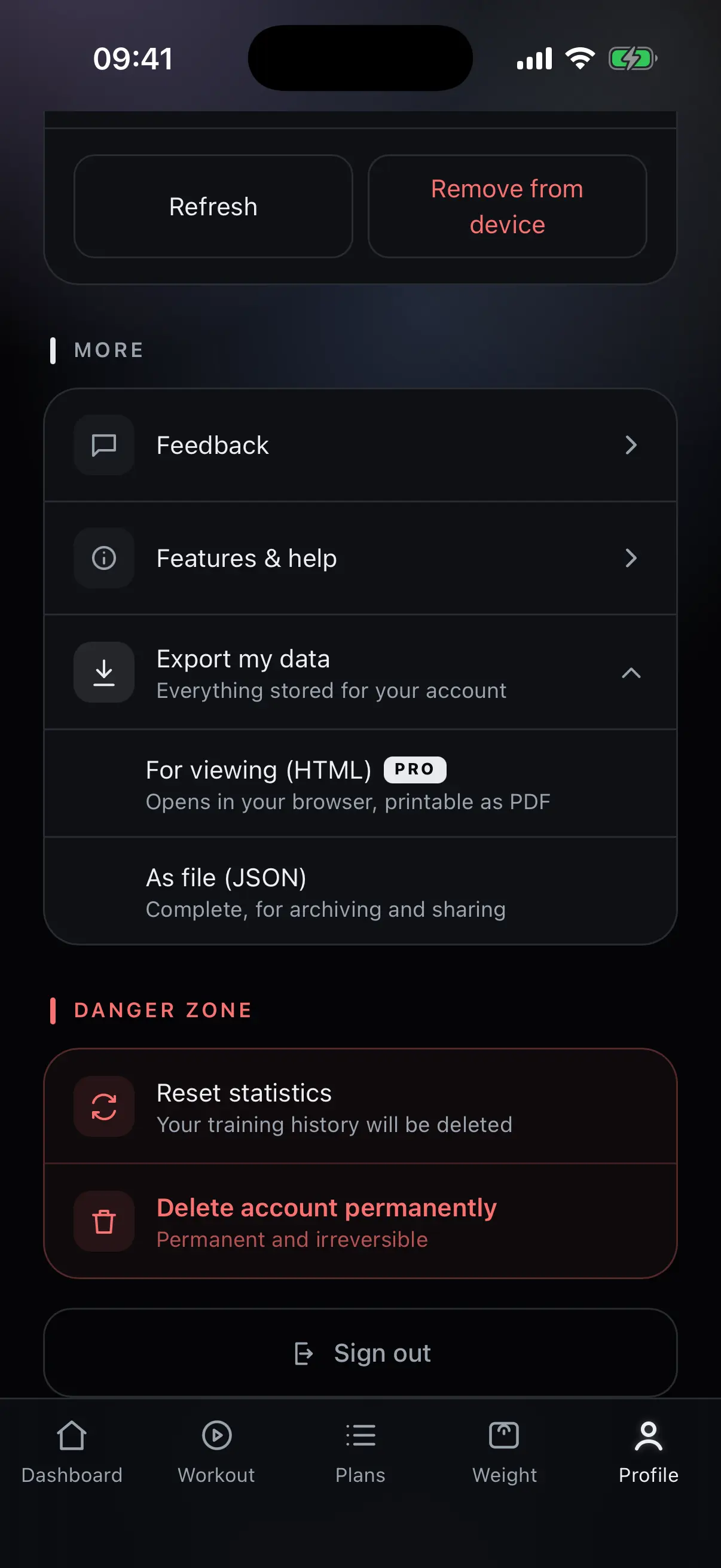 Data export and danger zone in the nocardio profile