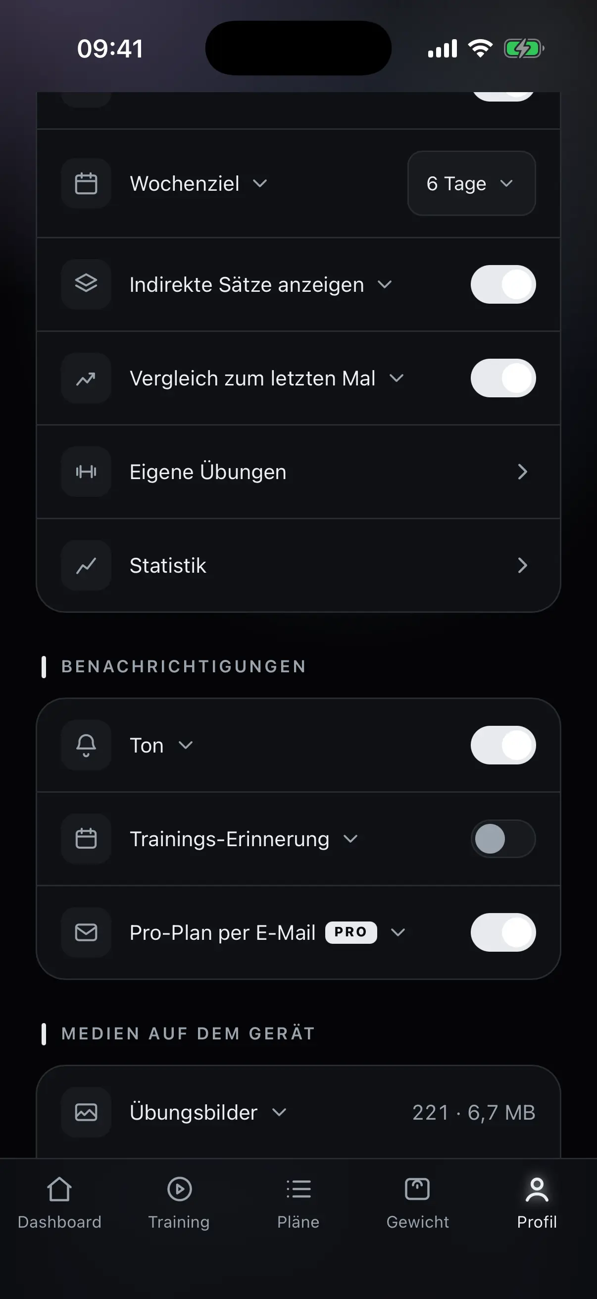 Trainingseinstellungen im Profil mit Wochenziel, indirekten Sätzen und Vergleich
