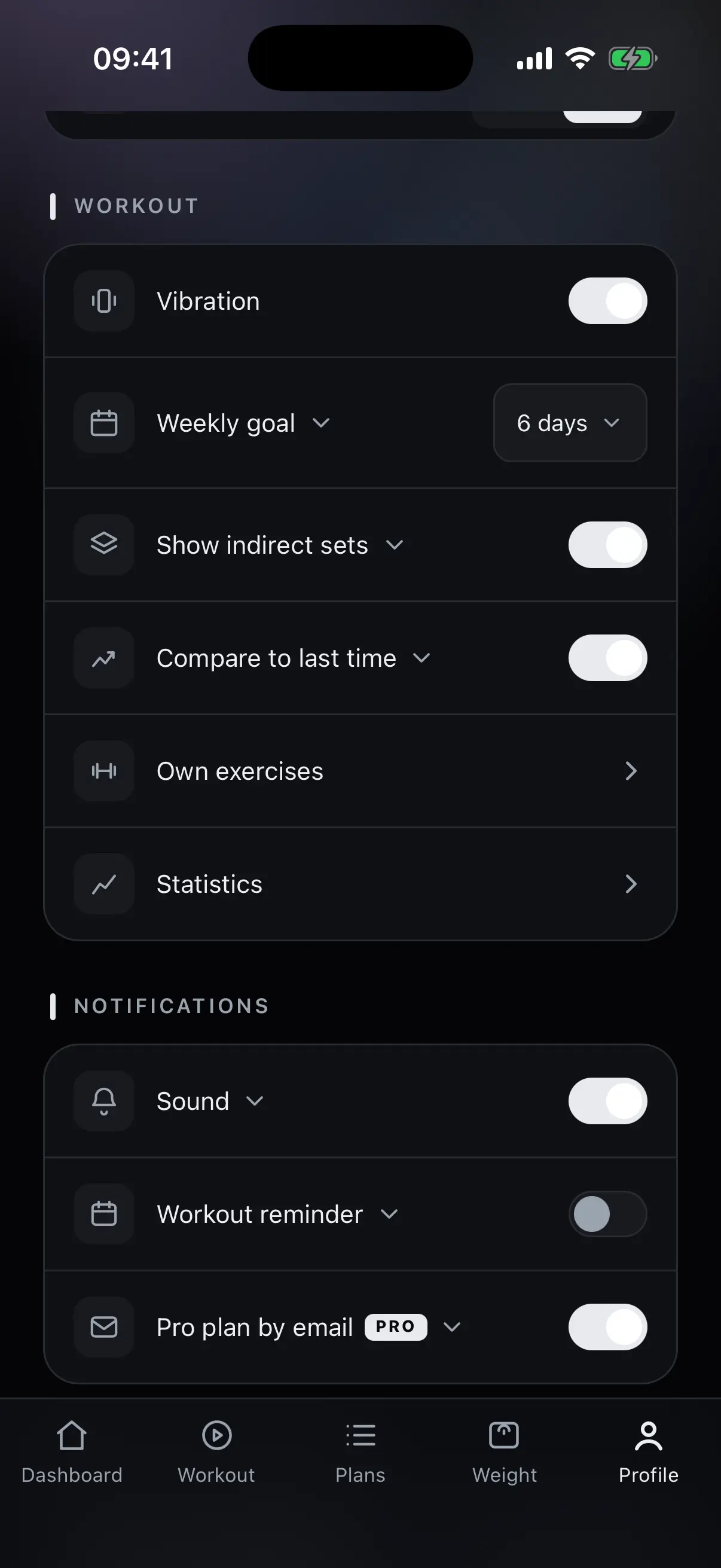 Training settings in the profile with weekly goal, indirect sets and comparison