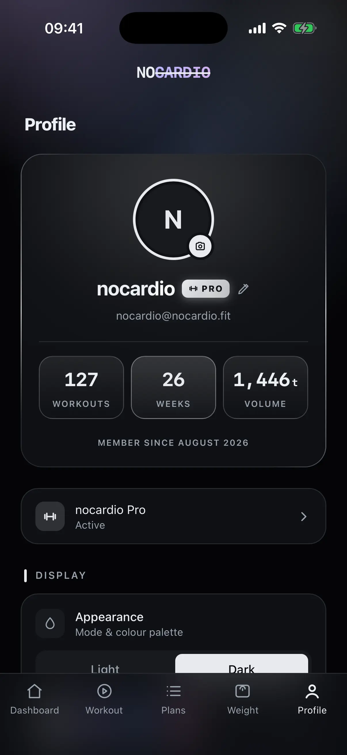 nocardio profile screen with profile card, key numbers and Pro status