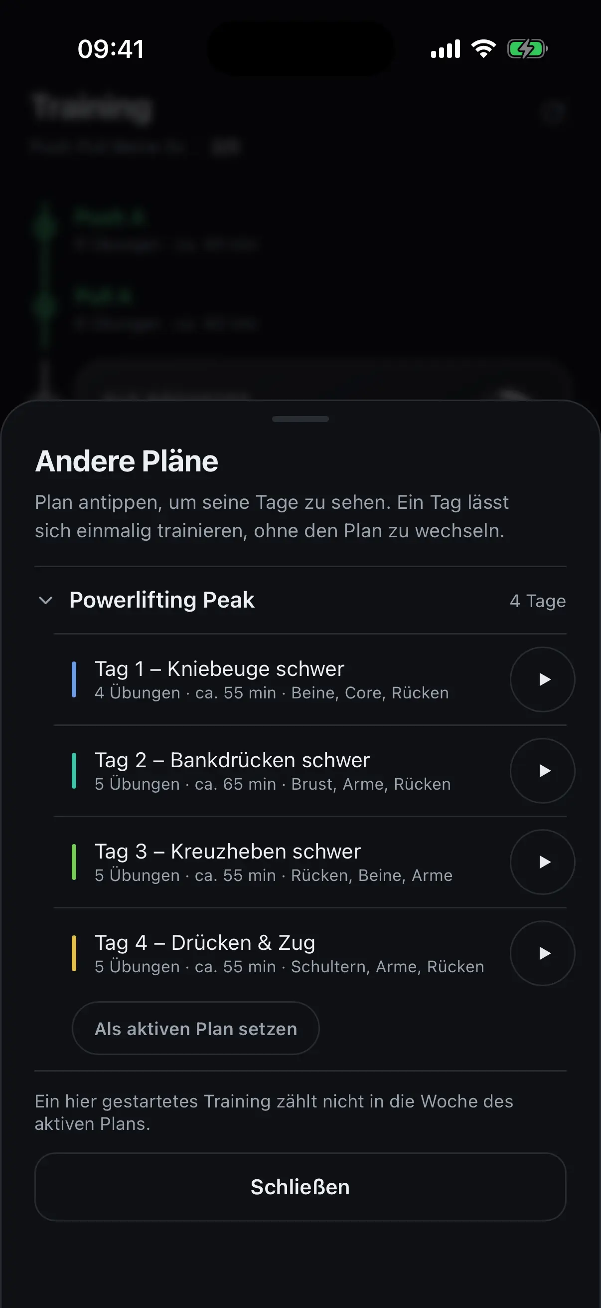 Übersicht der anderen Pläne, geöffnet aus der Trainingsbahn