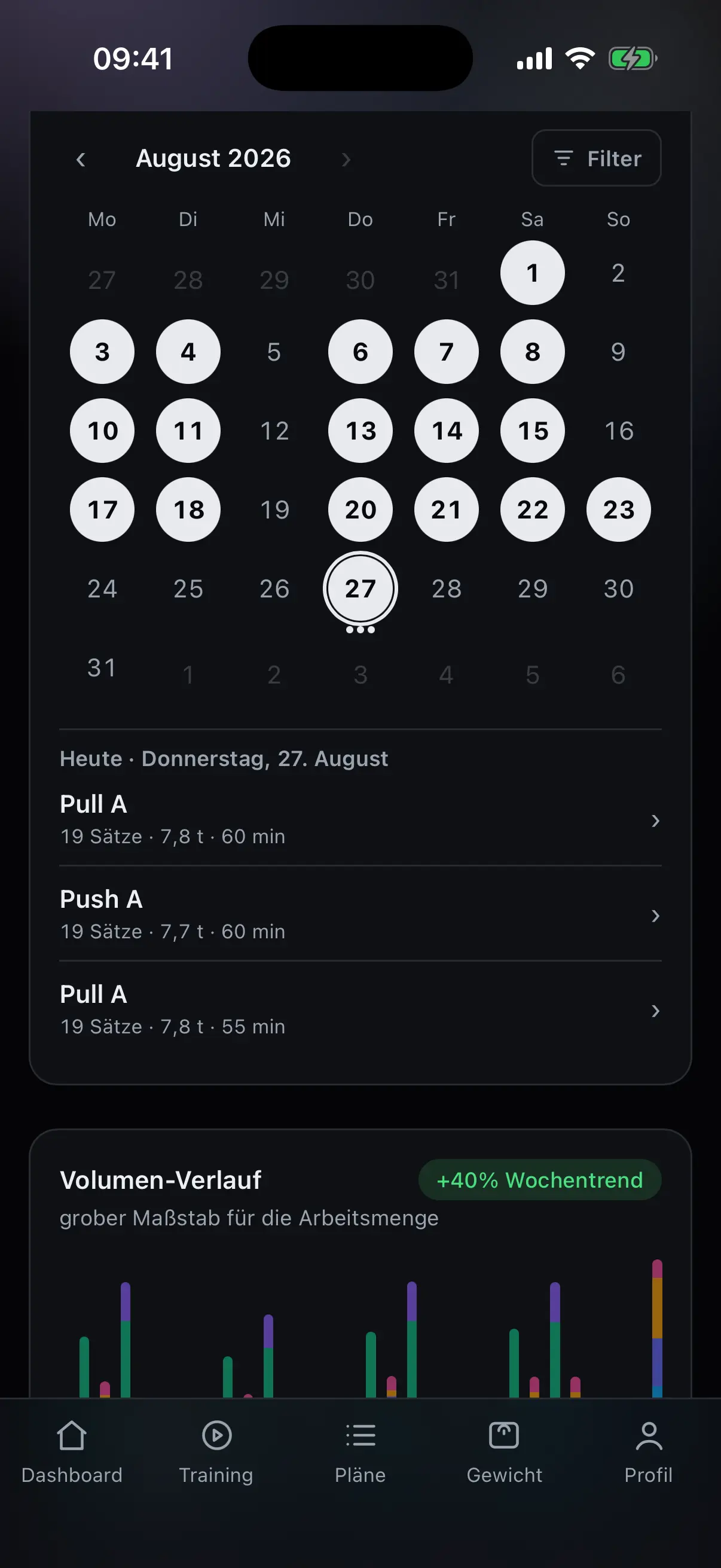 Trainingshistorie mit Monatskalender, Filter und den Trainings des Tages