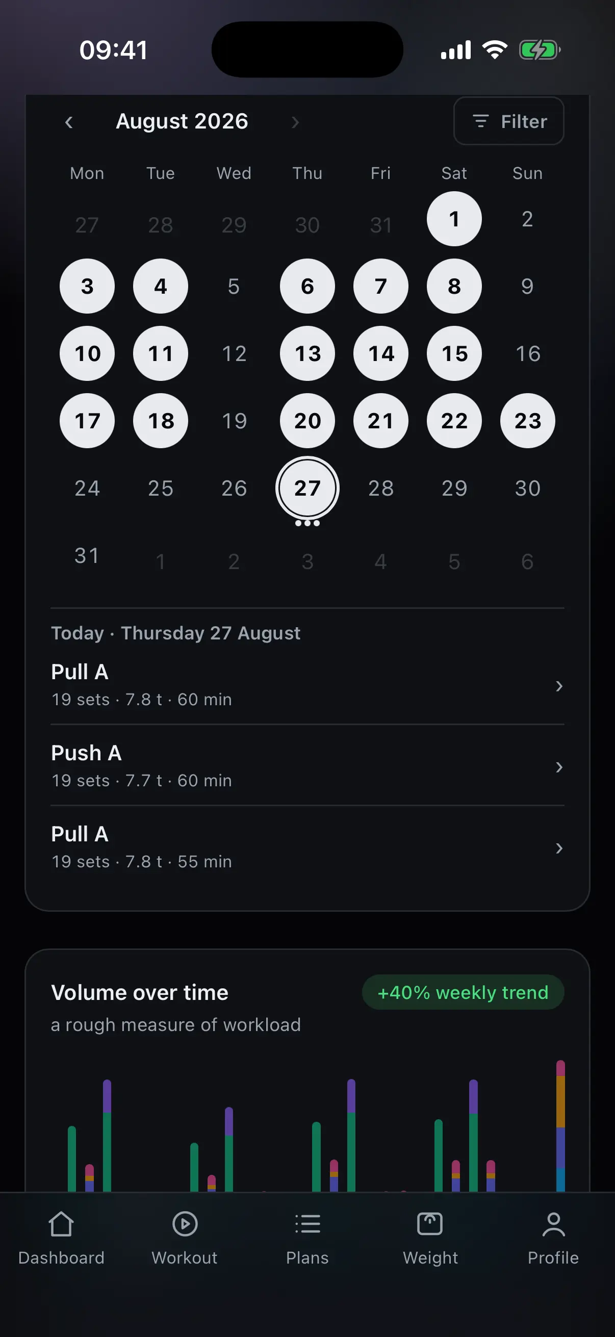 Workout history with month calendar, filter and the workouts of the day