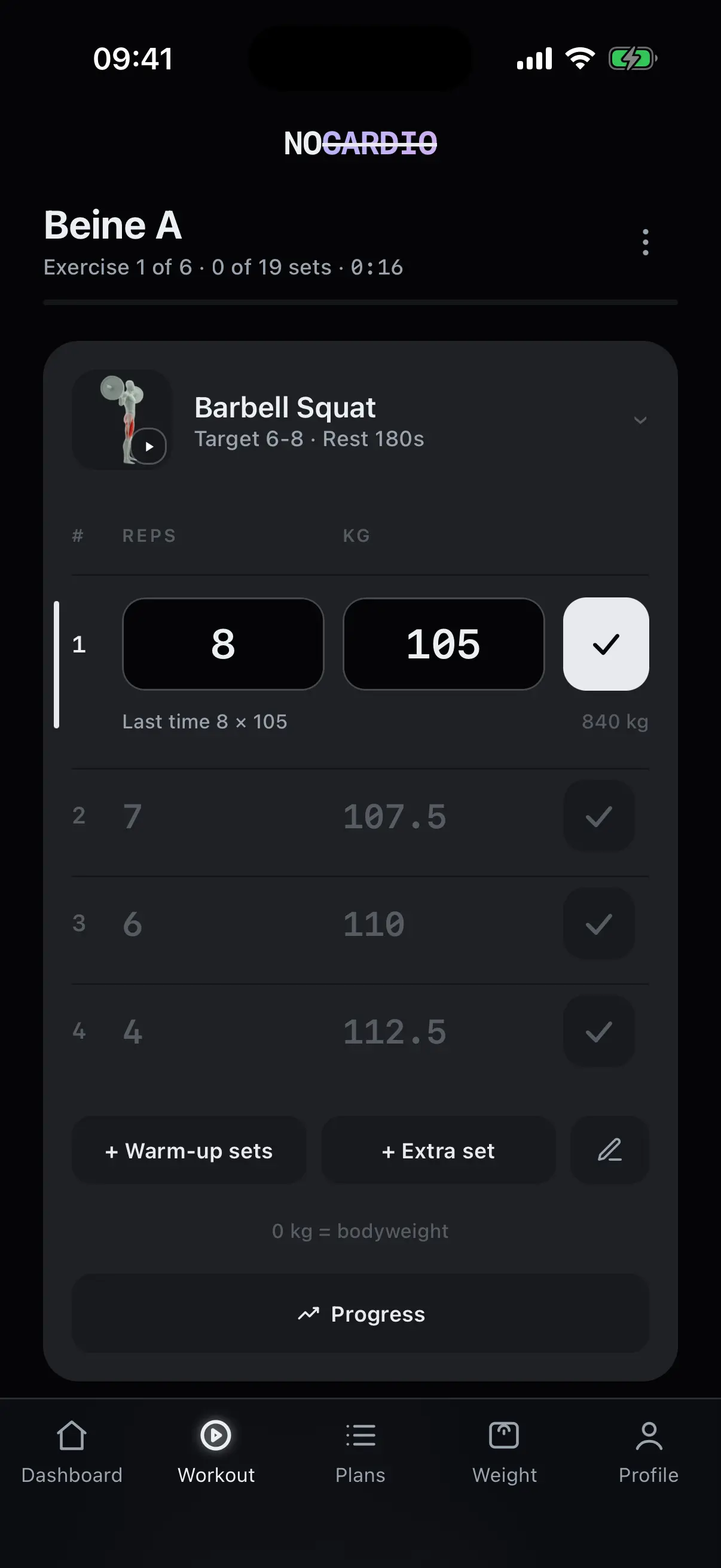 Running workout with set list and rest timer